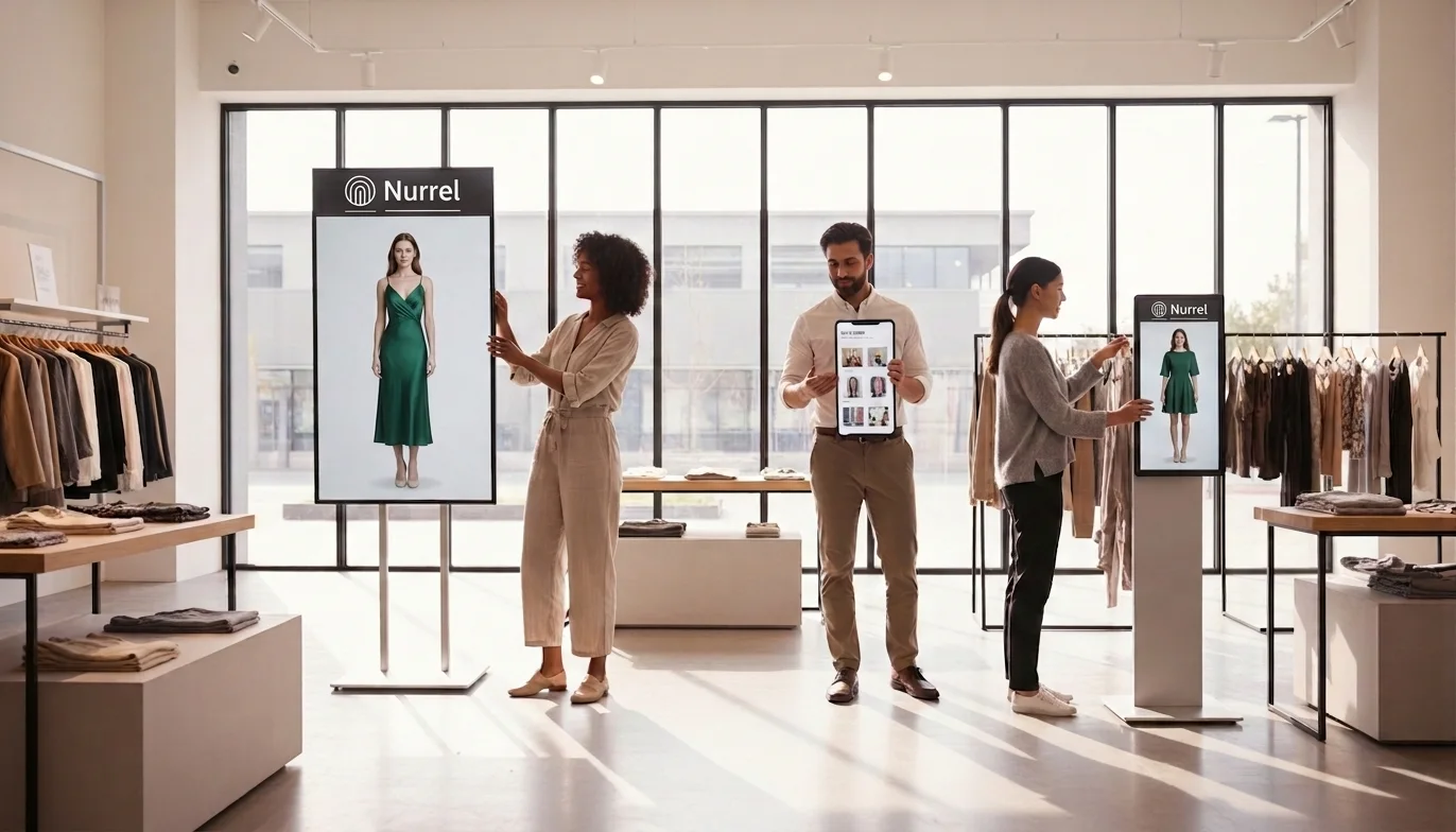 Shoppers in a store using floor-standing Nurrel screens, each showing a dress rendered on a model.